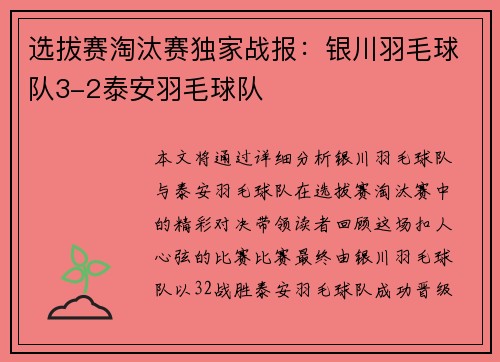 选拔赛淘汰赛独家战报：银川羽毛球队3-2泰安羽毛球队